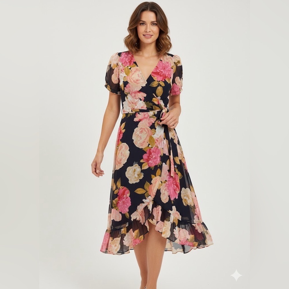 Karl Lagerfeld Paris Floral Chiffon Midi Wrap Dress Size 2